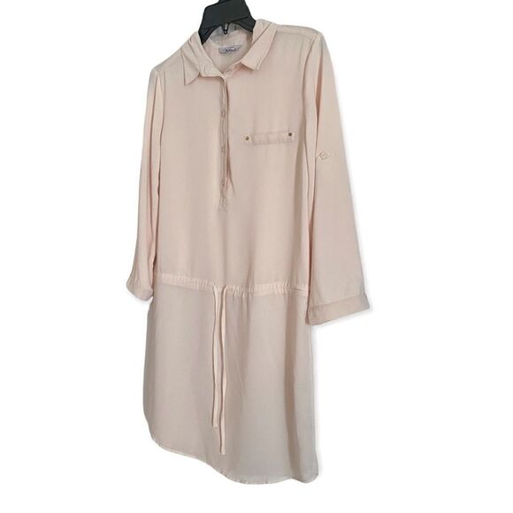 Naked Zebra Greige Roll Tab Sleeve Dress Top Mini Shirt Beige cream size small S - Picture 3 of 8